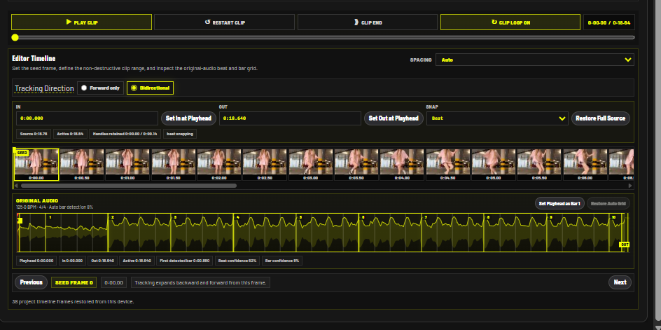 Original Clip editor with transport, In/Out controls, filmstrip, and waveform