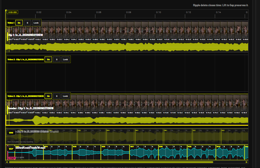 Composition timeline with multiple video lanes and audio lanes