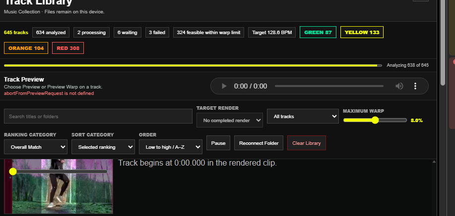 Track Library modal with local analysis, ranking controls, and target render