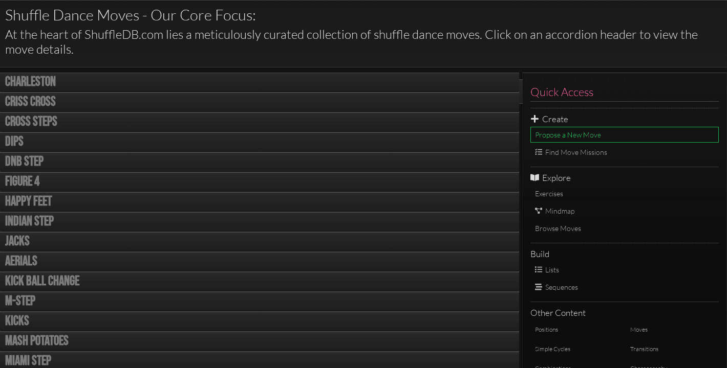 The ShuffleDB move library showing expandable move records and the Quick Access panel