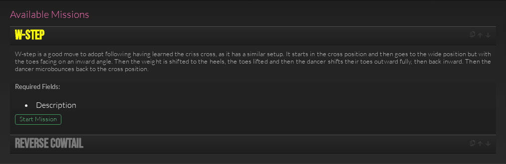 An expanded available mission showing its description, required fields, and Start Mission button