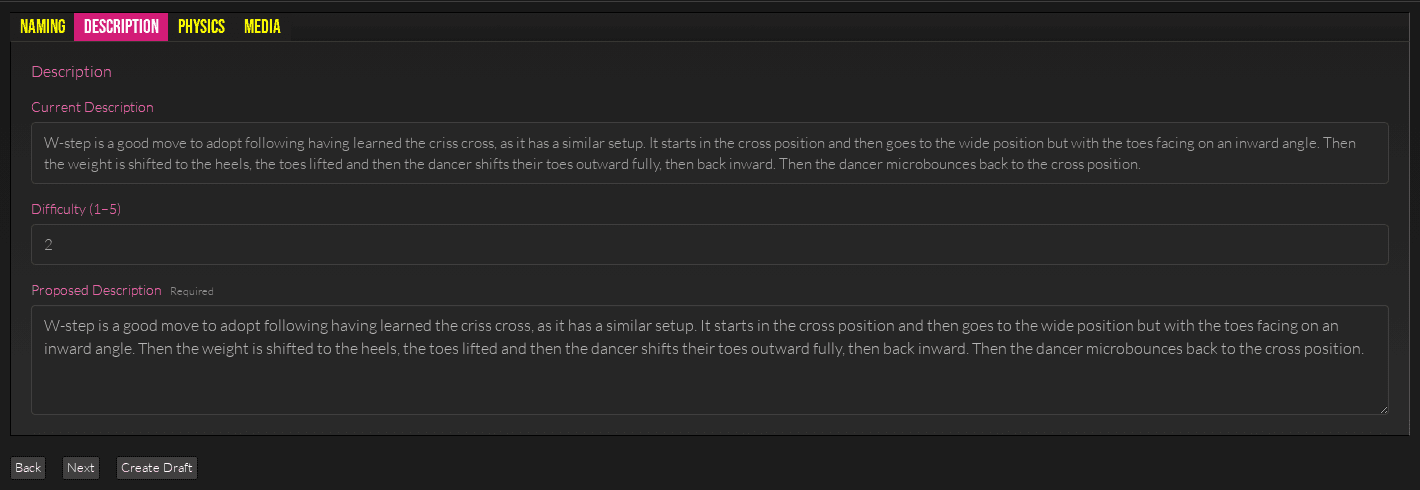The Mission Taker Description tab with existing information and a completed proposed description